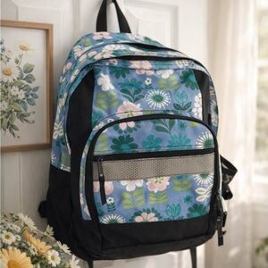 L.L.Bean Floral School Backpack Blue Green Book Bag Laptop Travel Bag